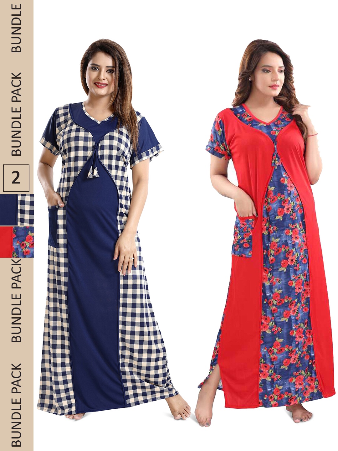 

SHOPPING STATION Pack Of 2 Floral Printed Satin Maxi Nightdress, Navy blue