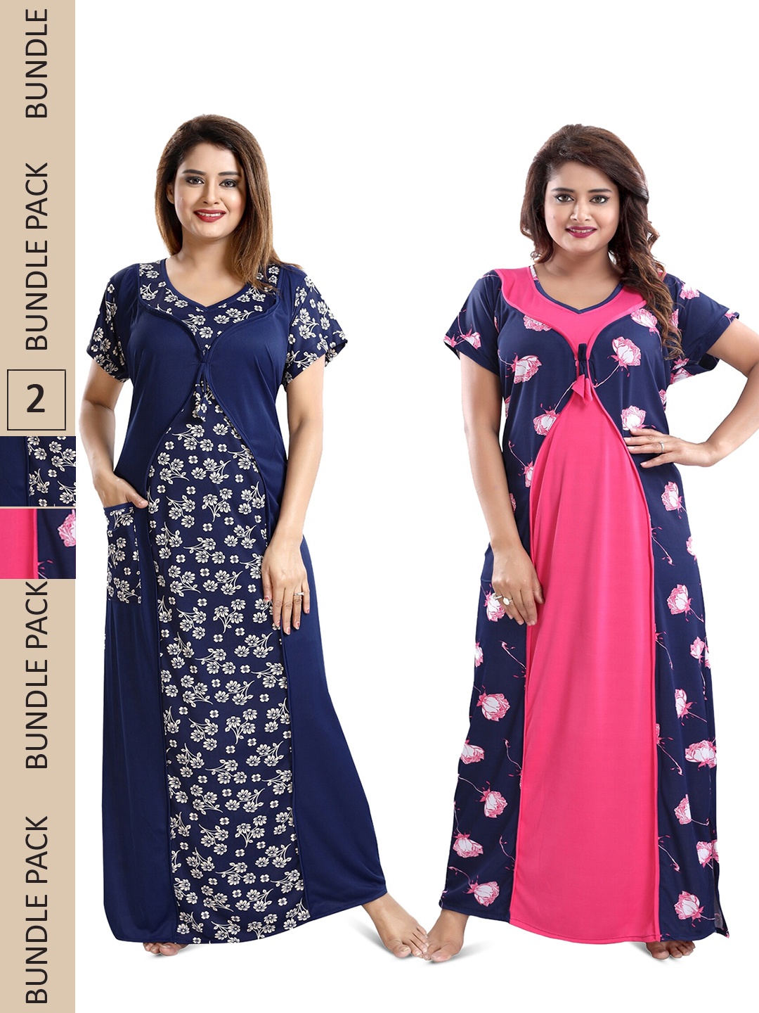 

SHOPPING STATION Pack Of 2 Floral Printed Satin Maxi Nightdress, Navy blue