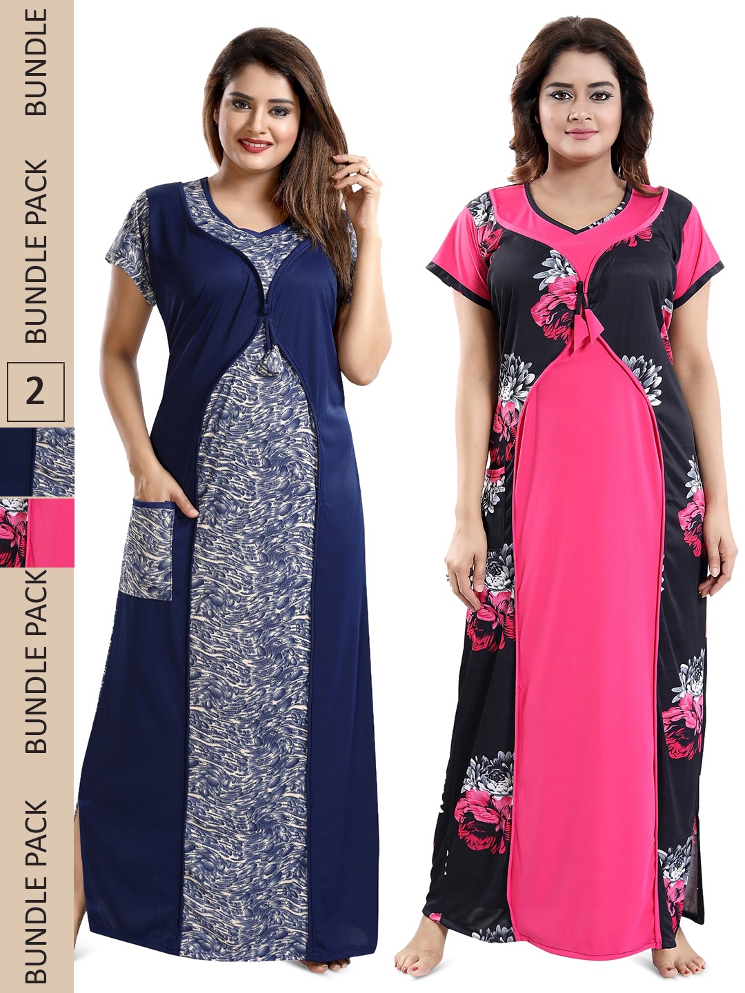 

SHOPPING STATION Pack Of 2 Floral Printed Satin Maxi Nightdress, Navy blue