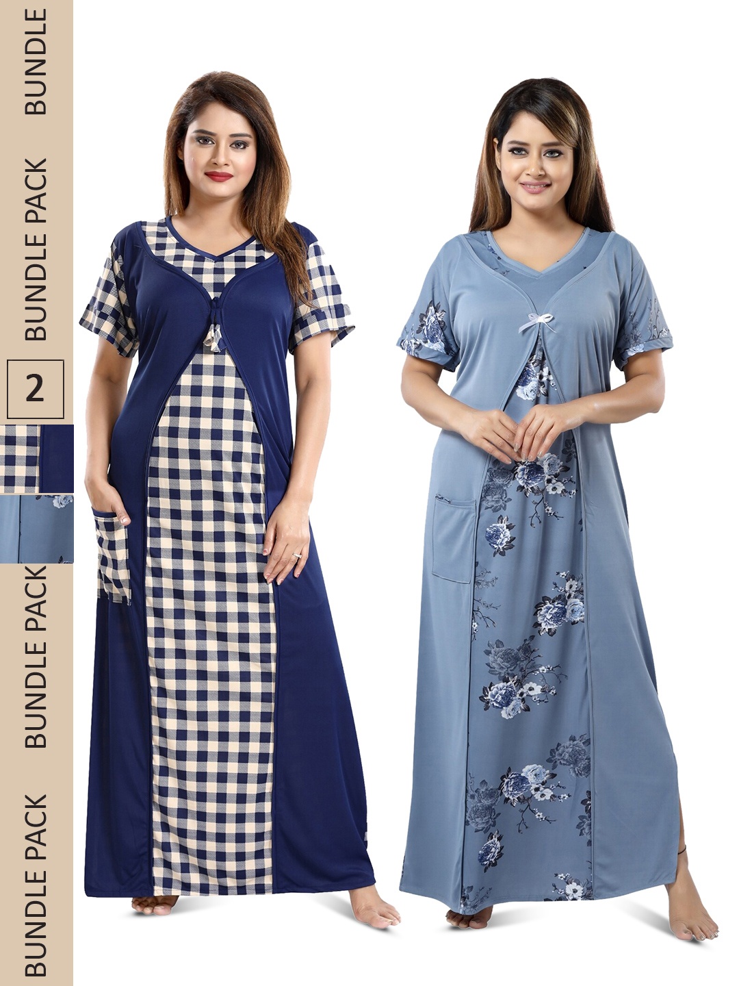

SHOPPING STATION Pack Of 2 Checked Satin Maxi Nightdress, Navy blue