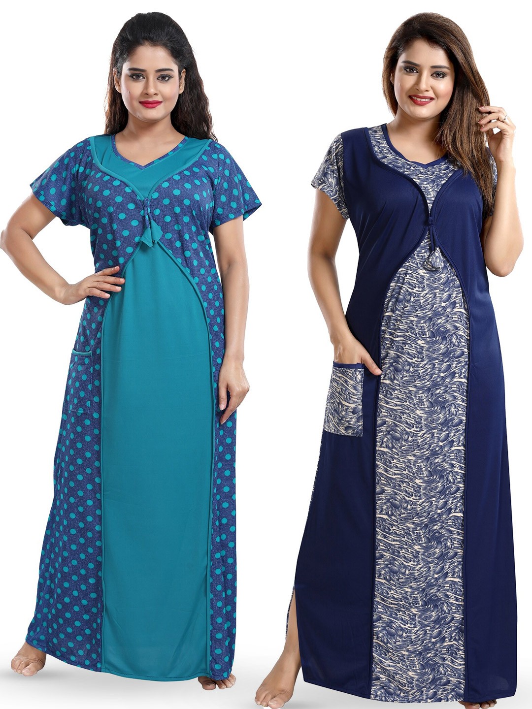 

SHOPPING STATION Pack Of 2 Polka Dots Printed Satin Maxi Nightdress, Navy blue