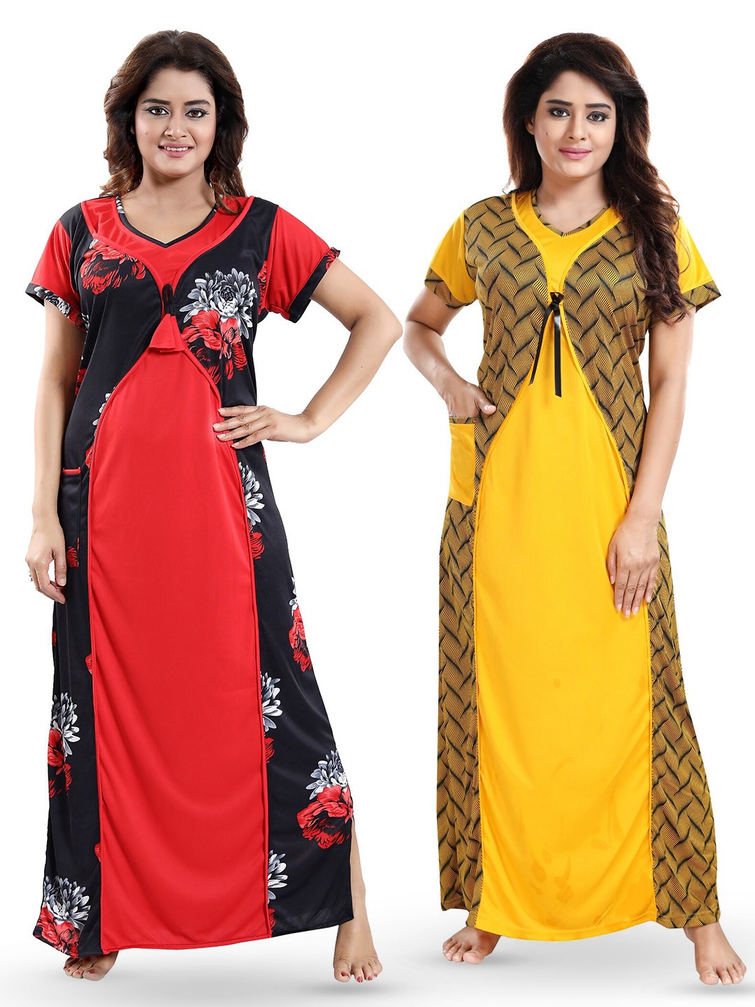 

SHOPPING STATION Pack Of 2 Floral Printed Satin Maxi Nightdress, Black