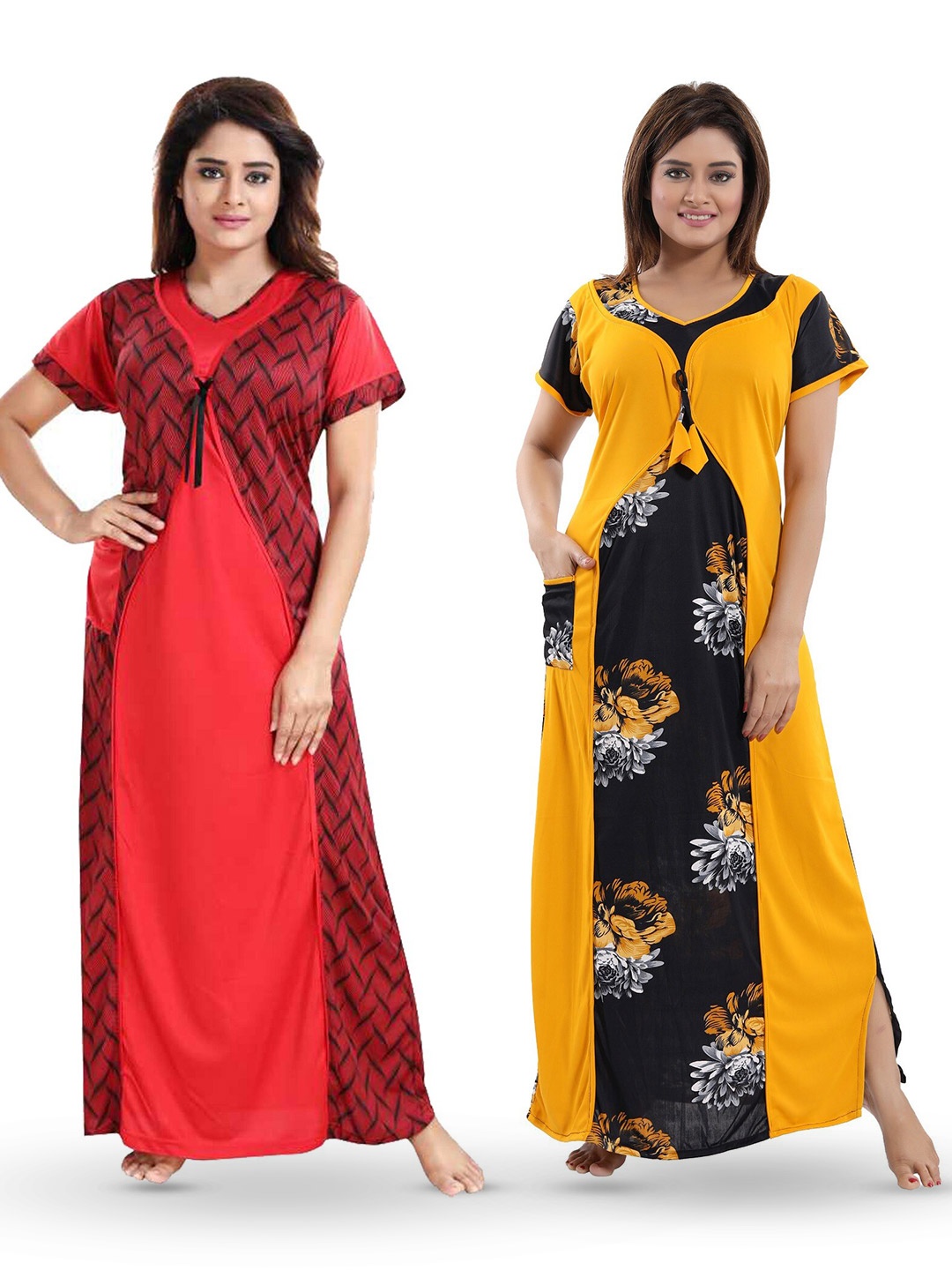 

SHOPPING STATION Pack Of 2 Floral Printed Satin Maxi Nightdress, Red