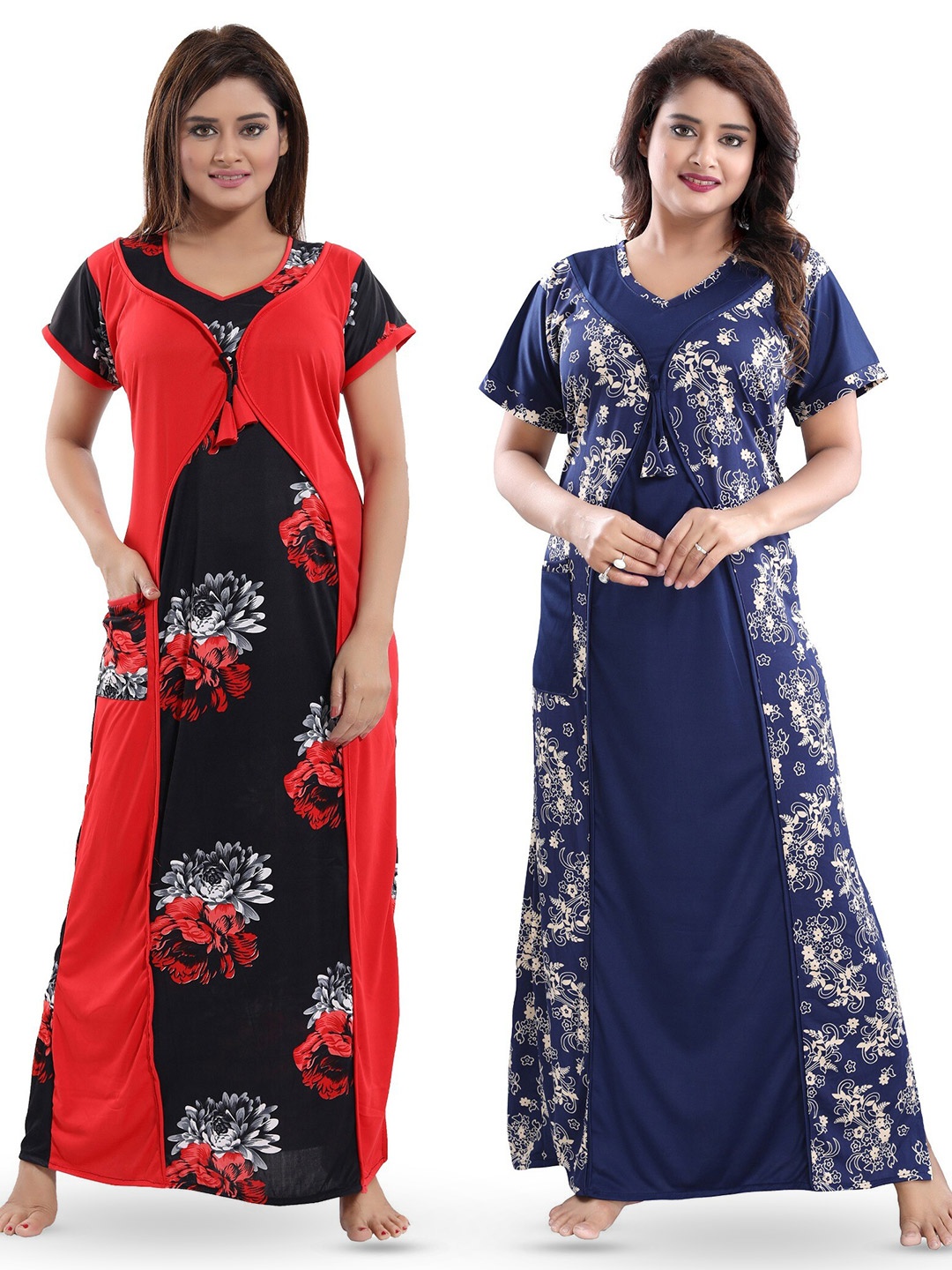 

SHOPPING STATION Pack Of 2 Floral Printed Satin Maxi Nightdress, Red