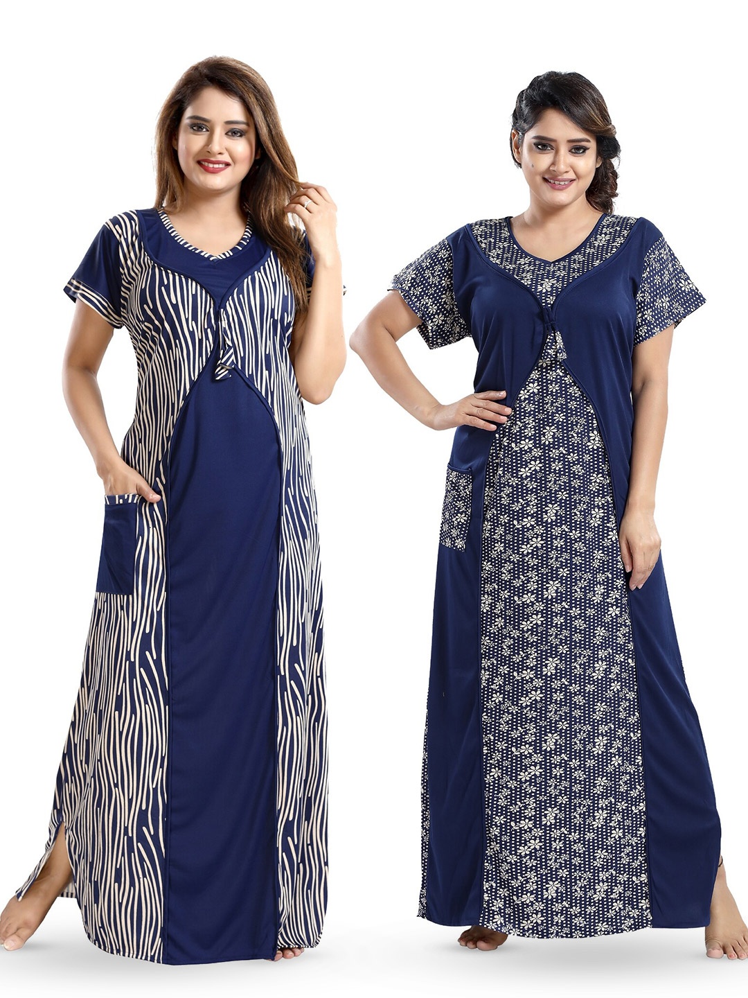 

SHOPPING STATION Pack Of 2 Floral Printed Satin Maxi Nightdress, Navy blue