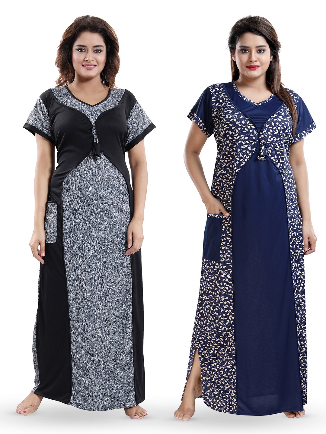 

SHOPPING STATION Pack Of 2 Floral Printed Satin Maxi Nightdress, Navy blue