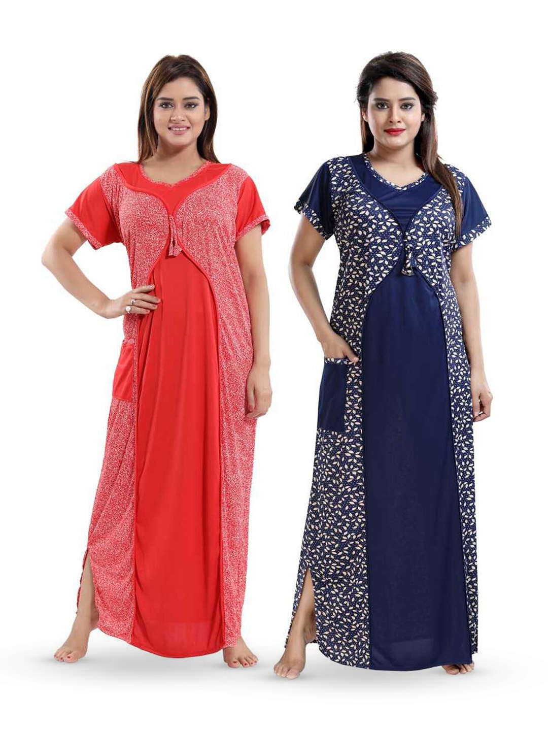 

SHOPPING STATION Pack Of 2 Floral Printed Satin Maxi Nightdress, Red