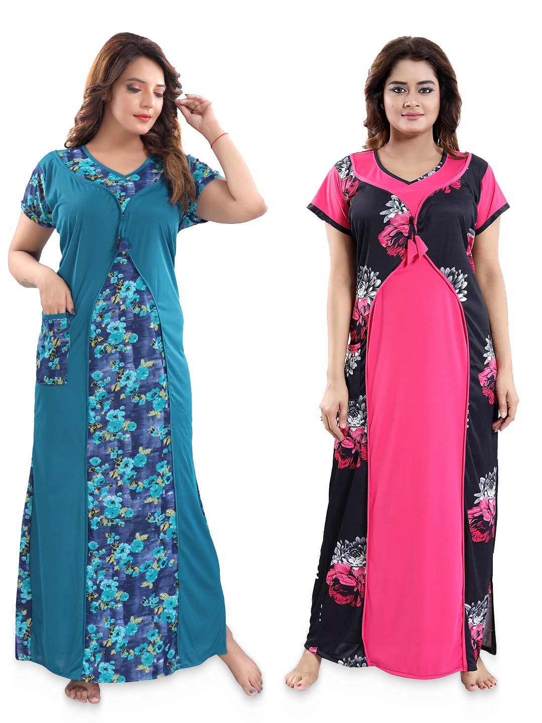 

SHOPPING STATION Pack Of 2 Floral Printed Satin Maxi Nightdress, Green