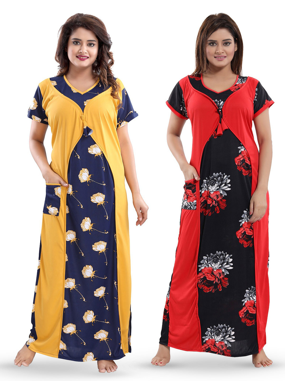 

SHOPPING STATION Pack Of 2 Floral Printed Satin Maxi Nightdress, Yellow
