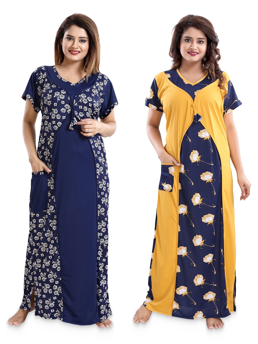 SHOPPING STATION Pack Of 2 Floral Printed Satin Maxi Nightdress, Navy blue