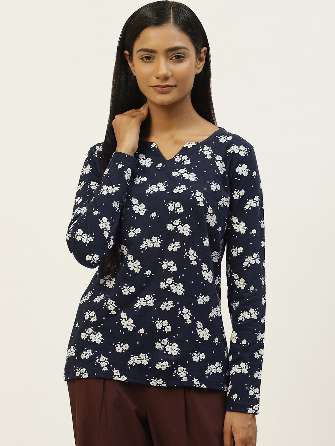 

Kryptic Floral Printed Pure Cotton Lounge Tshirts, Navy blue