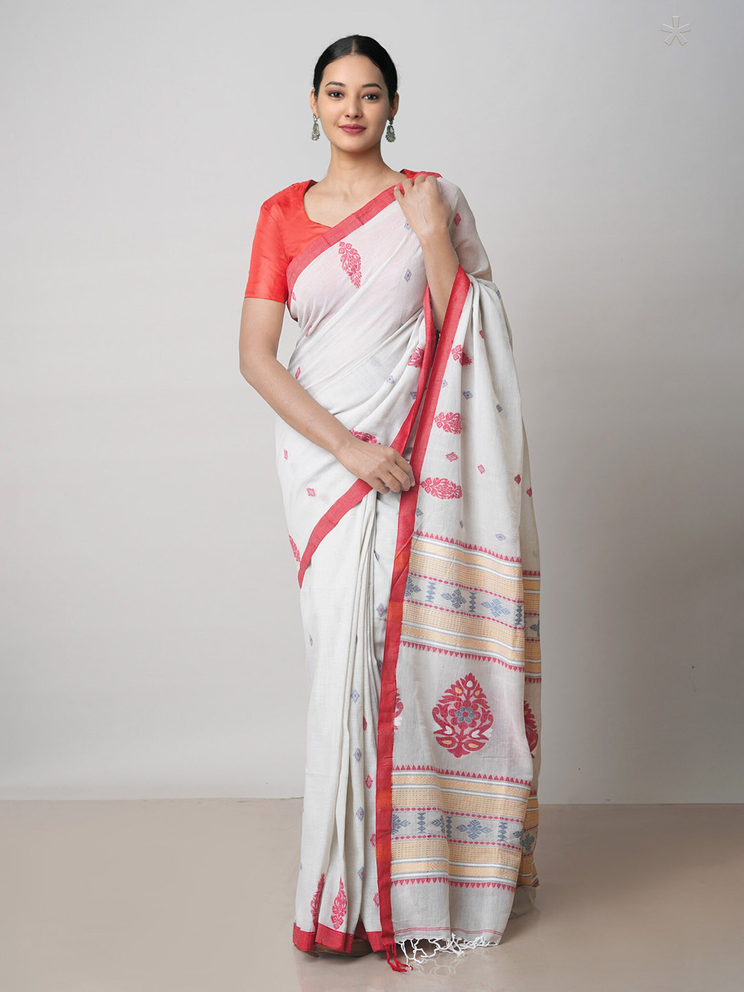 

Unnati Silks Ethnic Woven Design Pure Cotton Handloom Jamdani Saree, Grey