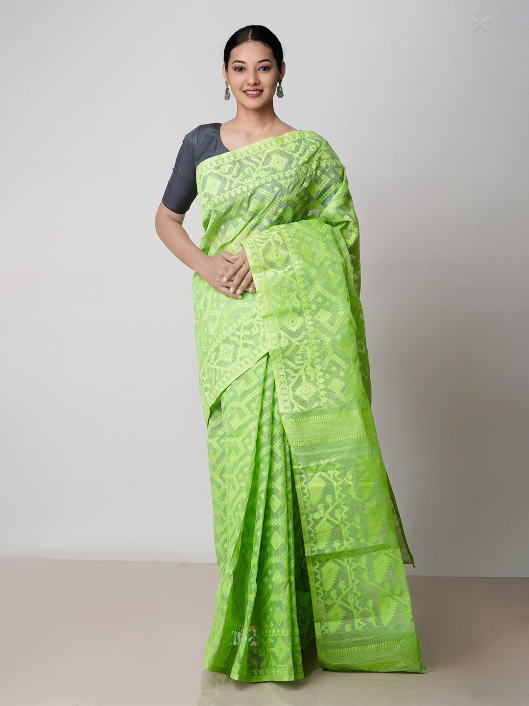 

Unnati Silks Ethnic Woven Design Zari Pure Cotton Handloom Jamdani Saree, Green