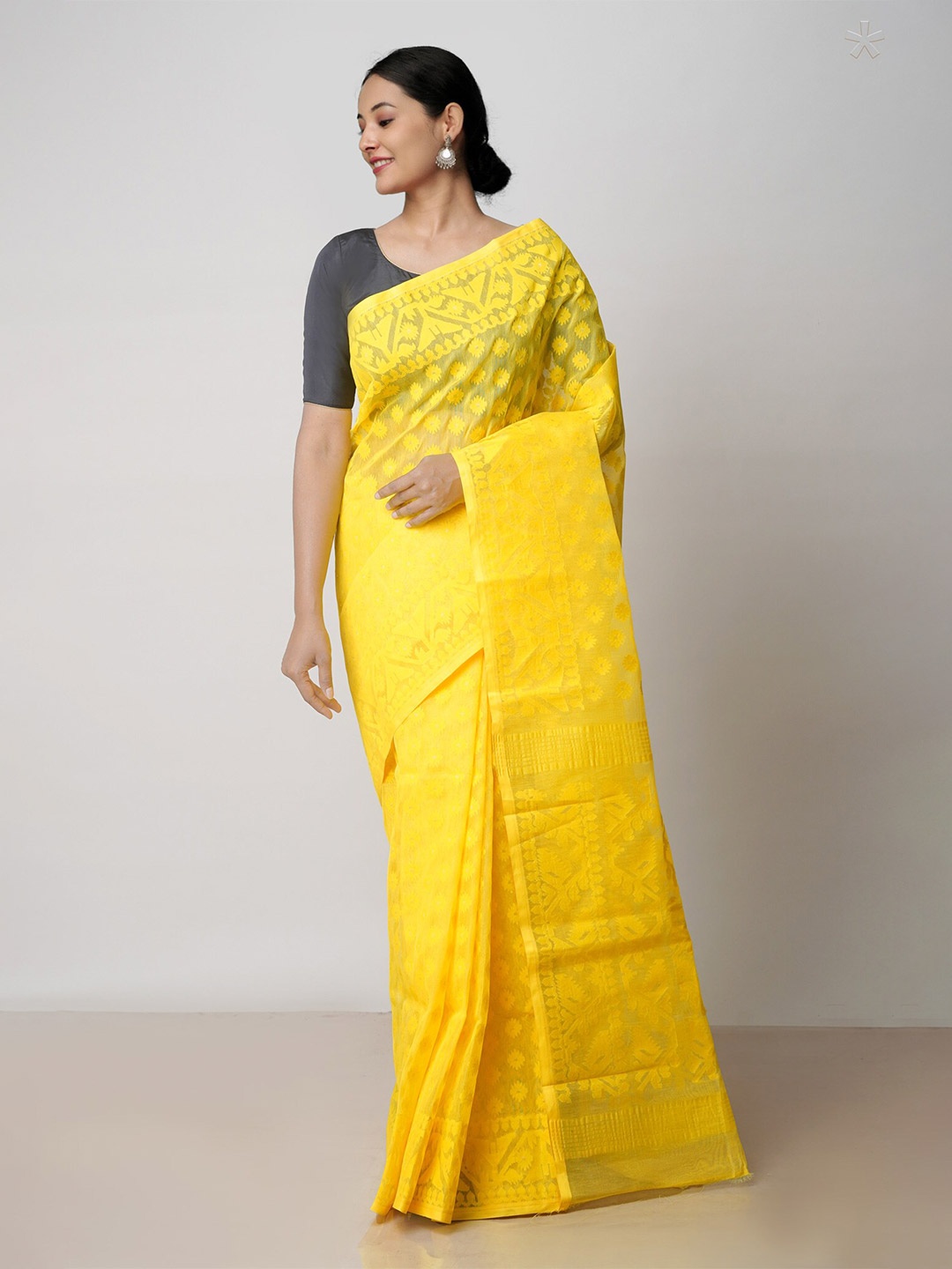 

Unnati Silks Ethnic Woven Design Pure Cotton Handloom Jamdani Saree, Yellow