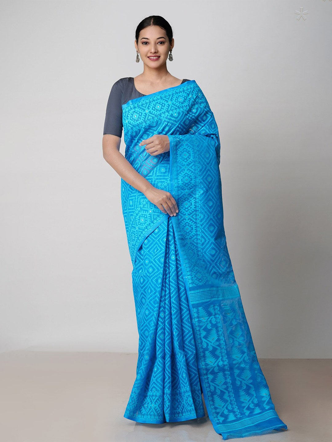 

Unnati Silks Ethnic Woven Design Zari Pure Cotton Handloom Jamdani Saree, Blue