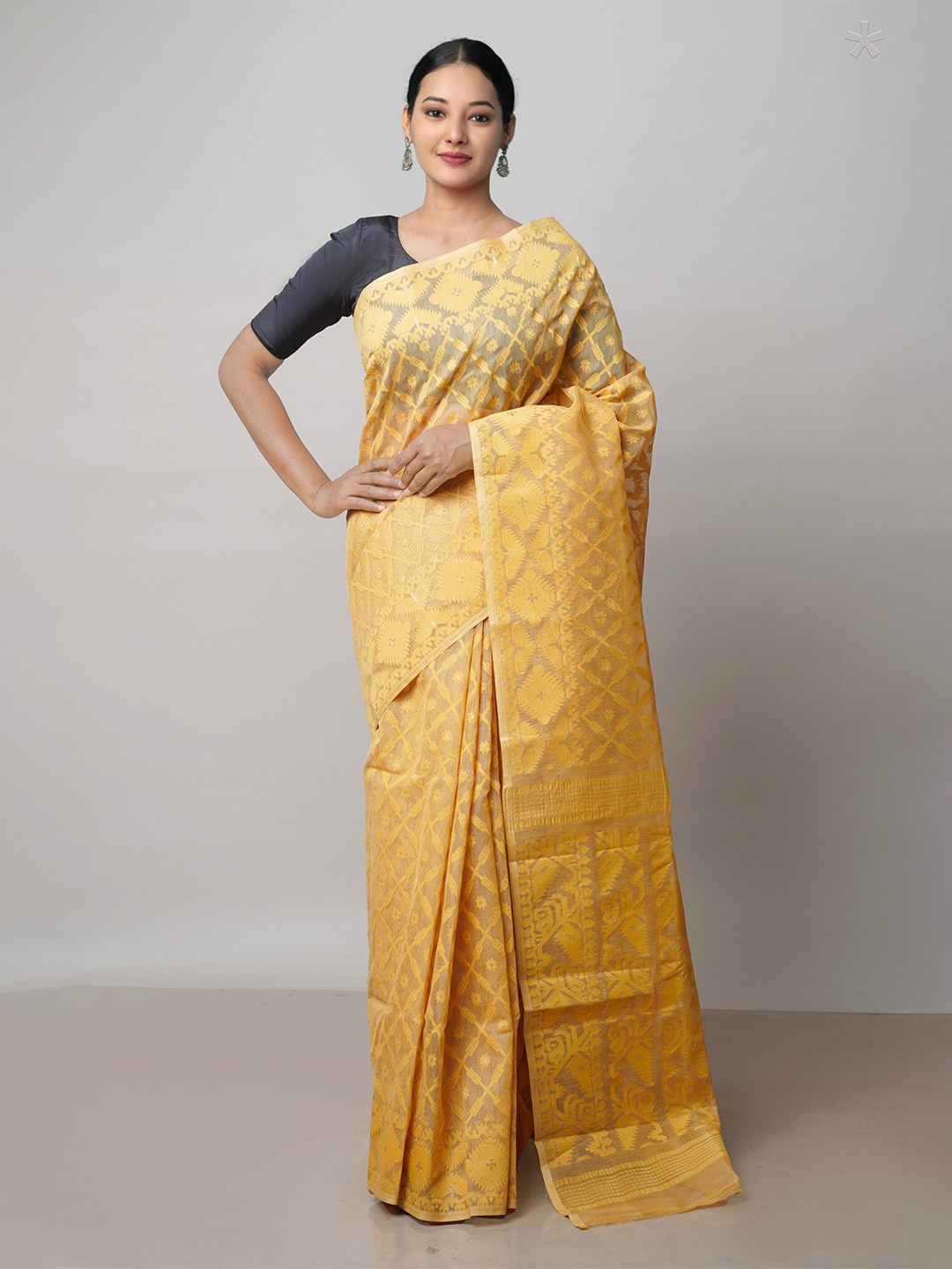 

Unnati Silks Ethnic Woven Design Zari Pure Cotton Handloom Jamdani Saree, Yellow