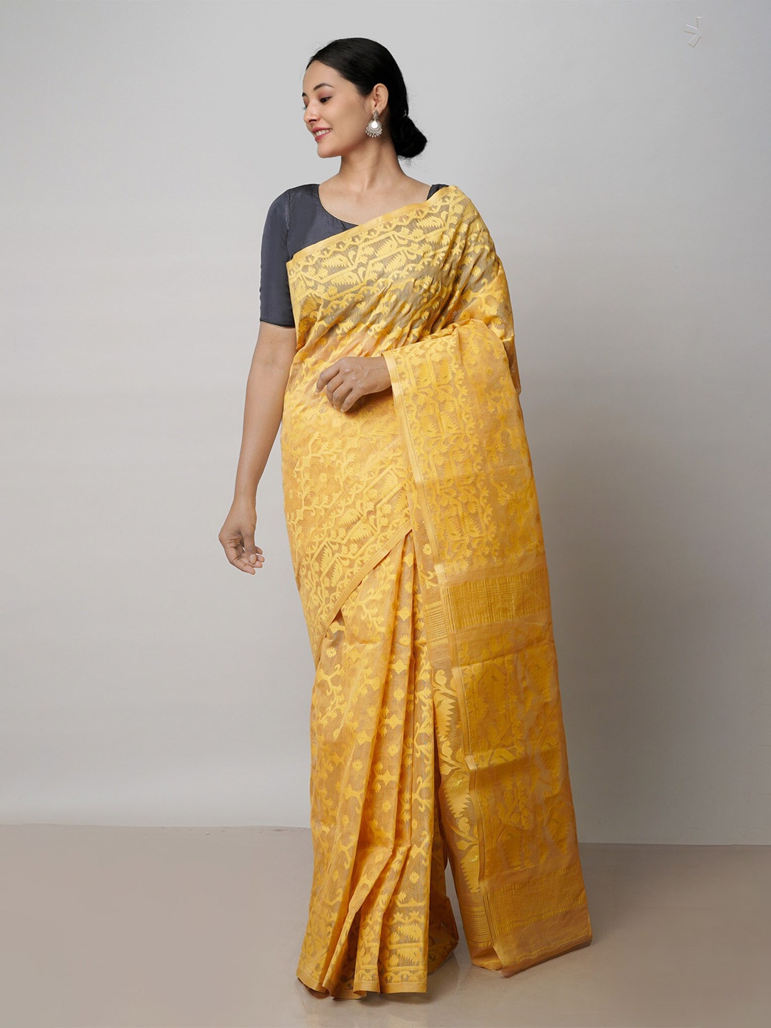 

Unnati Silks Ethnic Woven Design Zari Pure Cotton Handloom Jamdani Saree, Yellow