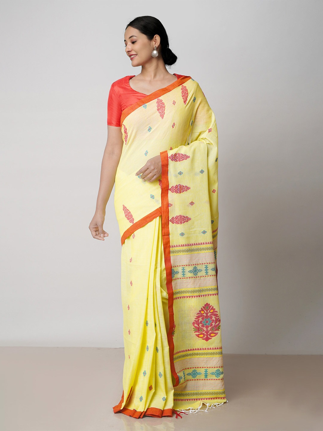 

Unnati Silks Ethnic Woven Design Bengal Pure Cotton Handloom Jamdani Saree, Yellow