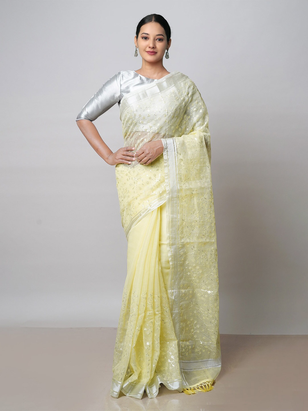 

Unnati Silks Floral Embroidered Sequinned Pure Cotton Kota Handloom Saree, Yellow