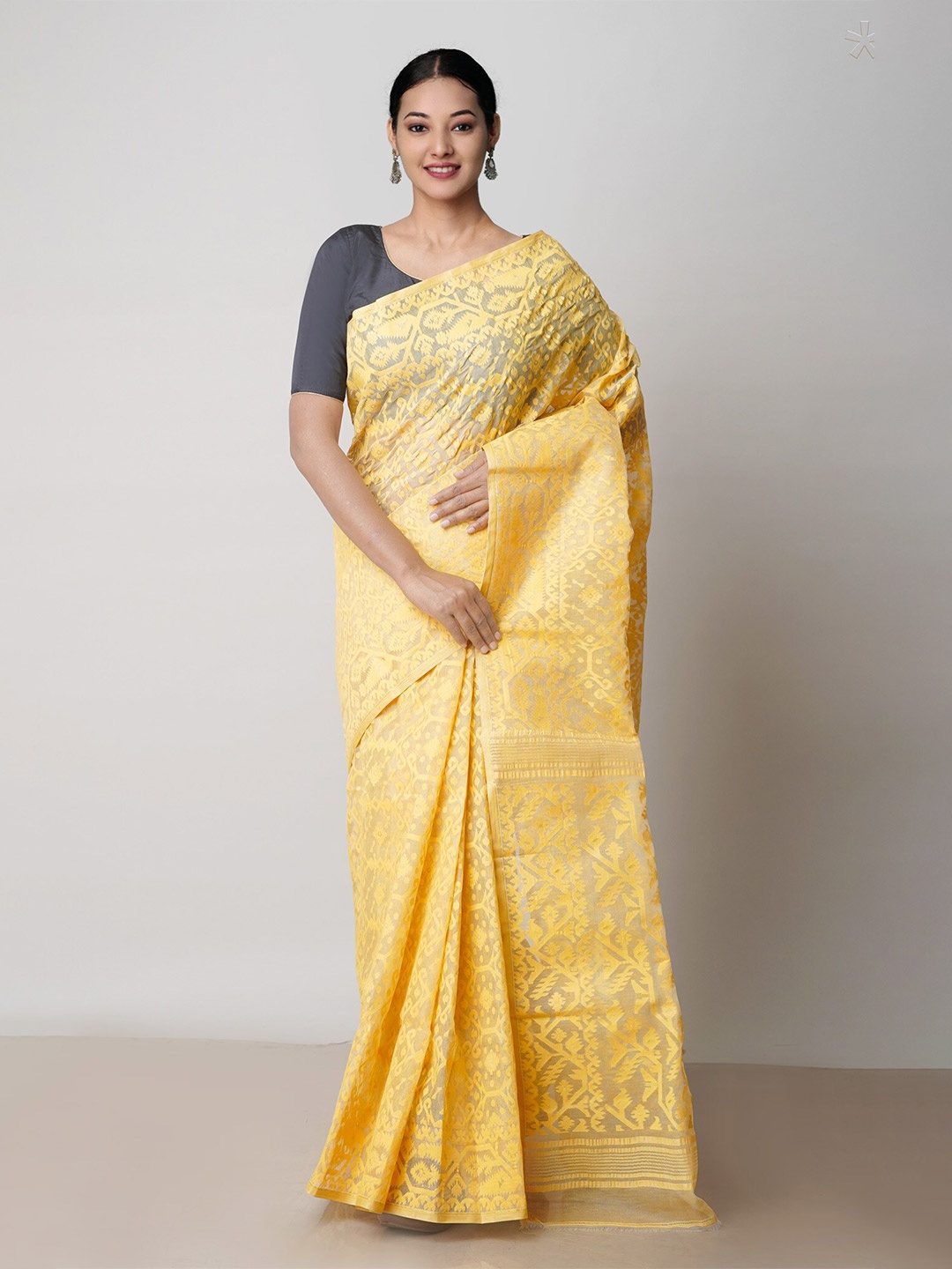 

Unnati Silks Ethnic Woven Design Pure Cotton Handloom Jamdani Saree, Yellow
