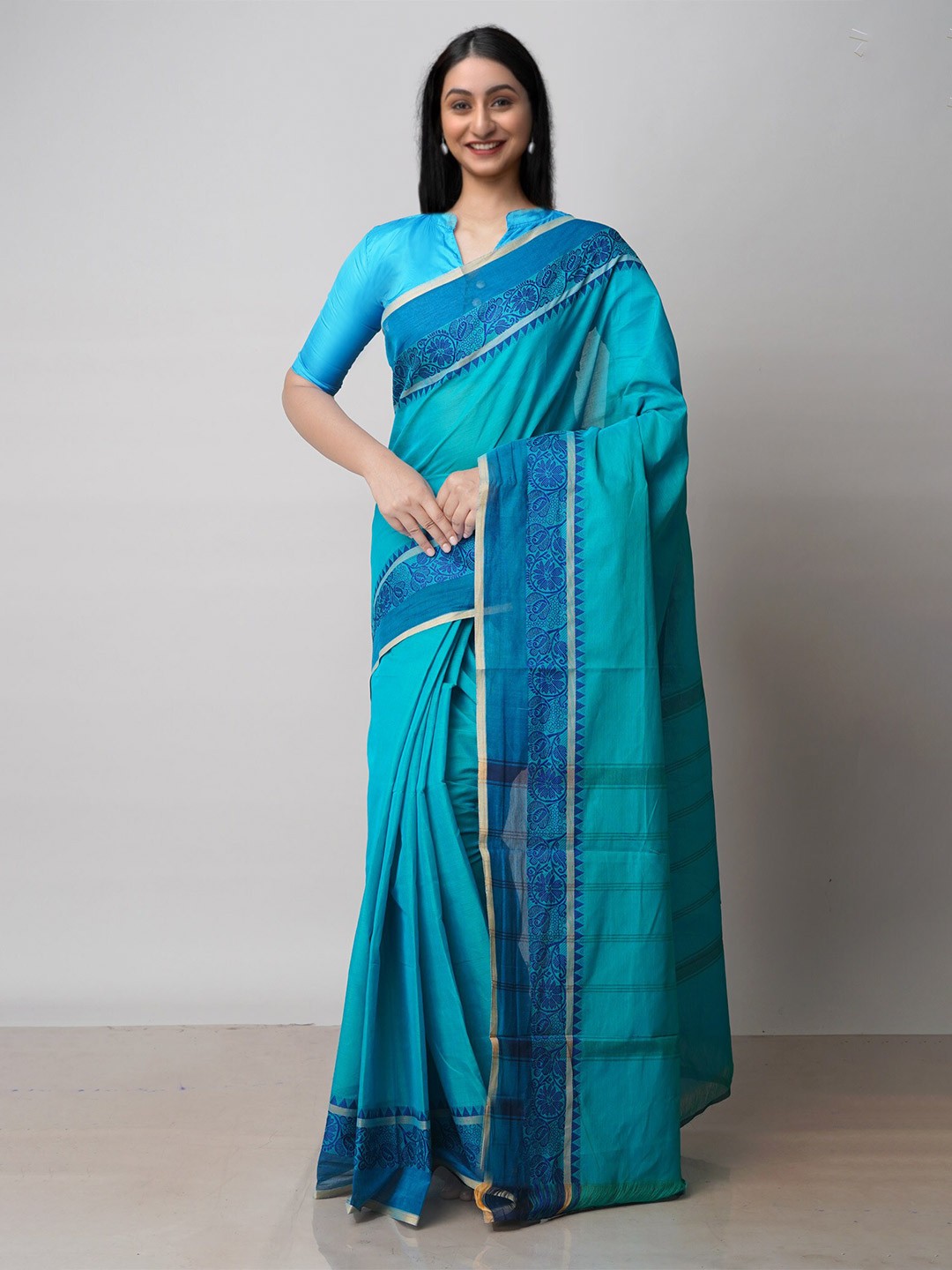 

Unnati Silks Handloom Kanjeevaram Kanchi Pure Cotton Saree, Turquoise blue