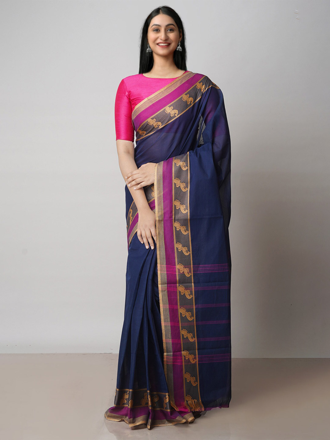 

Unnati Silks Pure Cotton Handloom Kanjeevaram Saree, Navy blue