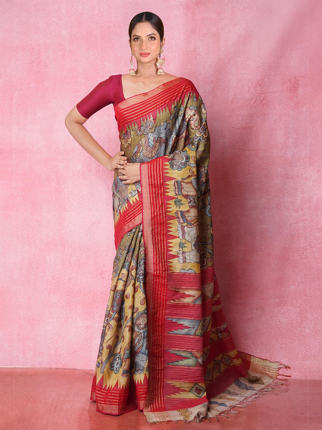 

Unnati Silks Pen Kalamkari Printed Zari Jute Silk Handloom Tussar Saree, Yellow