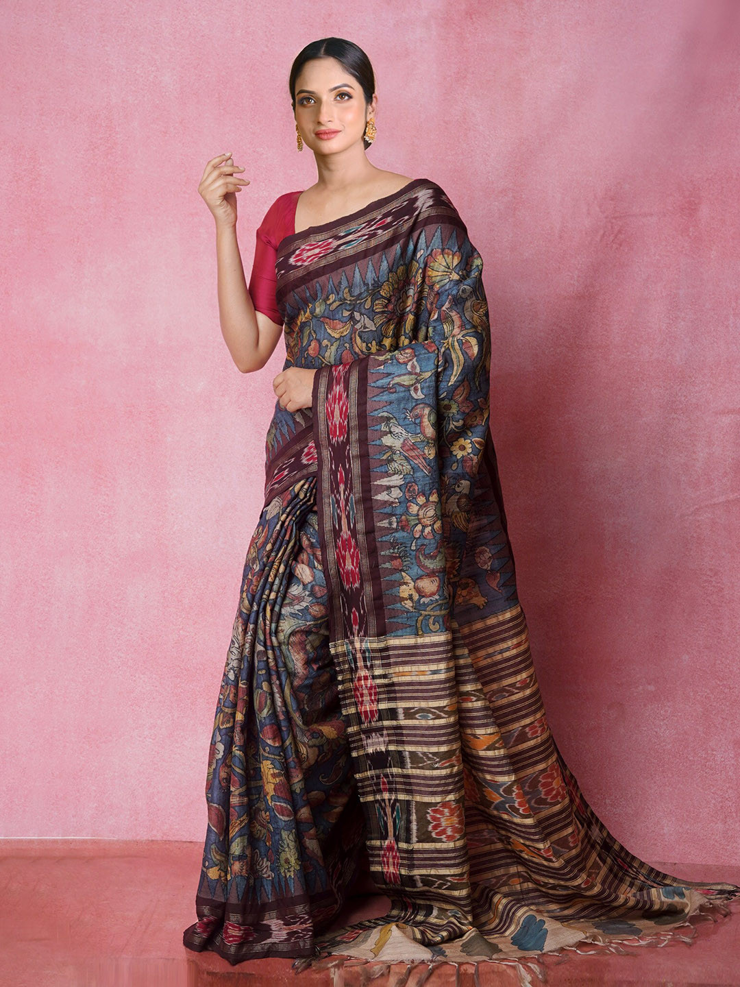 

Unnati Silks Pen Kalamkari Printed Jute Silk Handloom Tussar Saree, Blue