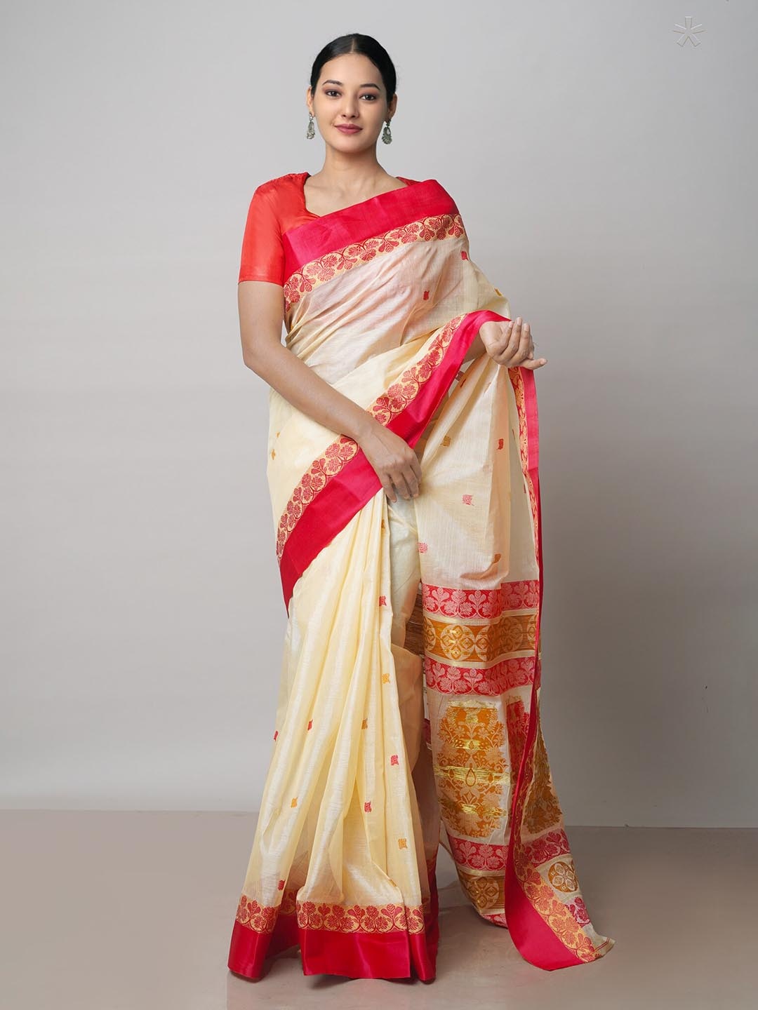 

Unnati Silks Ethnic Motif Woven Design Pure Cotton Handloom Jamdani Saree, Beige