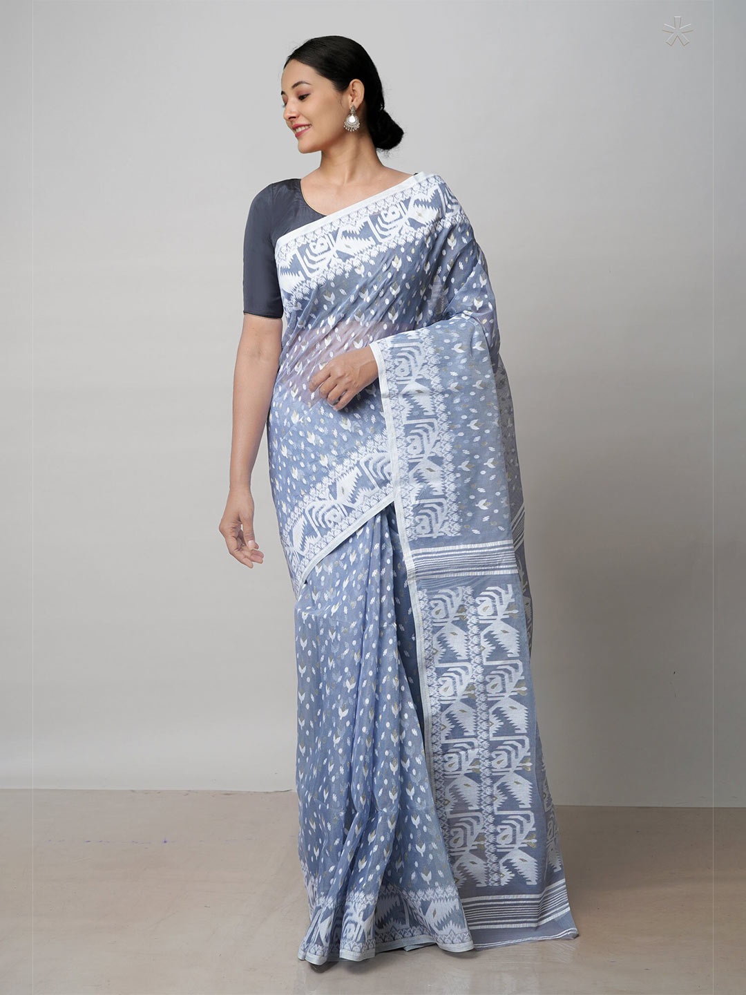 

Unnati Silks Ethnic Motifs Woven Design Handloom Pure Cotton Jamdani Saree, Blue