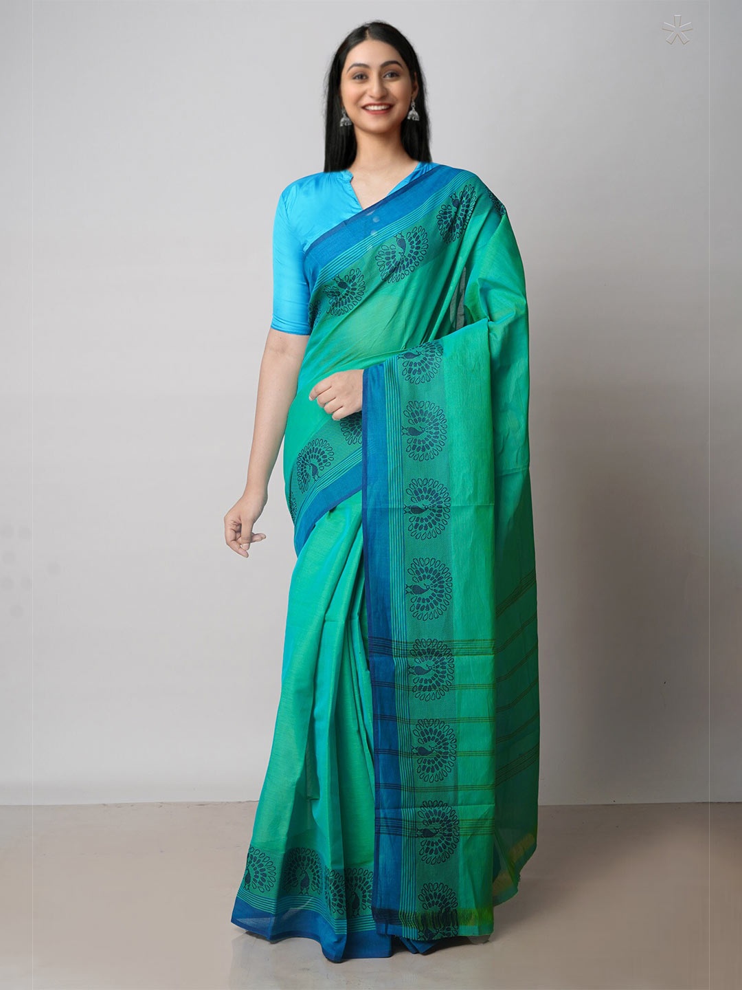 

Unnati Silks Pure Cotton Handloom Kanjeevaram Saree, Green