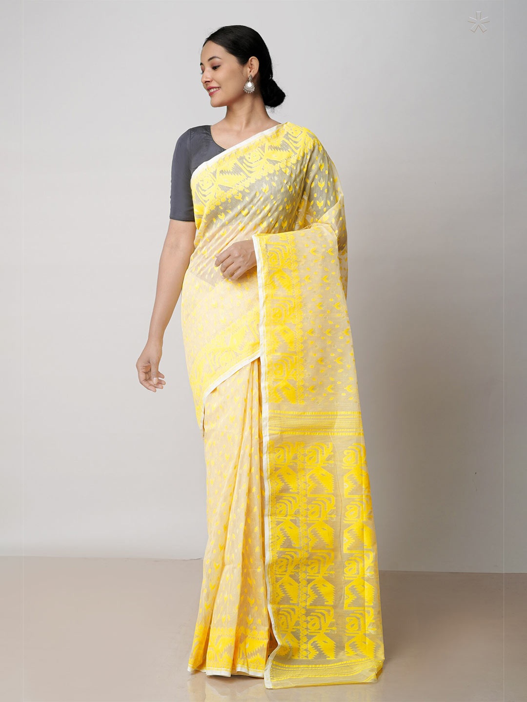 

Unnati Silks Woven Design Bengal Pure Cotton Handloom Jamdani Saree, Yellow