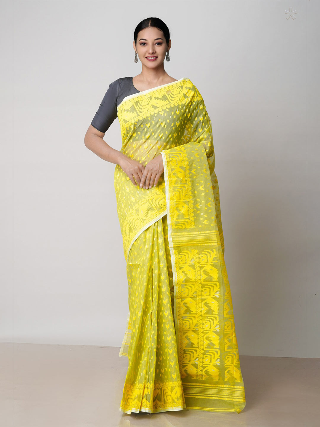 

Unnati Silks Ethnic Motif Woven Design Pure Cotton Handloom Jamdani Saree, Yellow