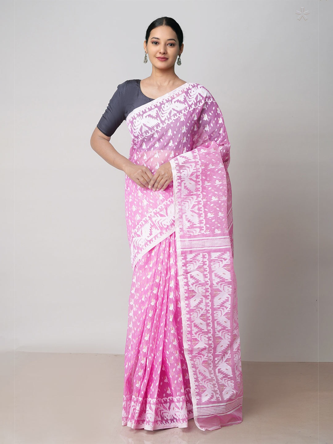 

Unnati Silks Woven Design Pure Cotton Handloom Jamdani Saree, Pink