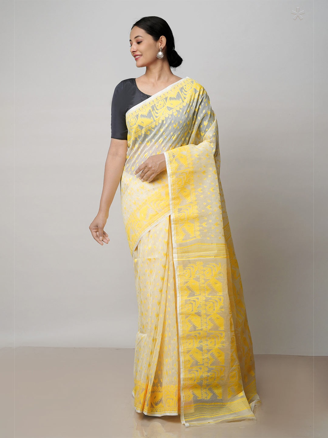 

Unnati Silks Woven Design Bengal Pure Cotton Handloom Jamdani Saree, Yellow