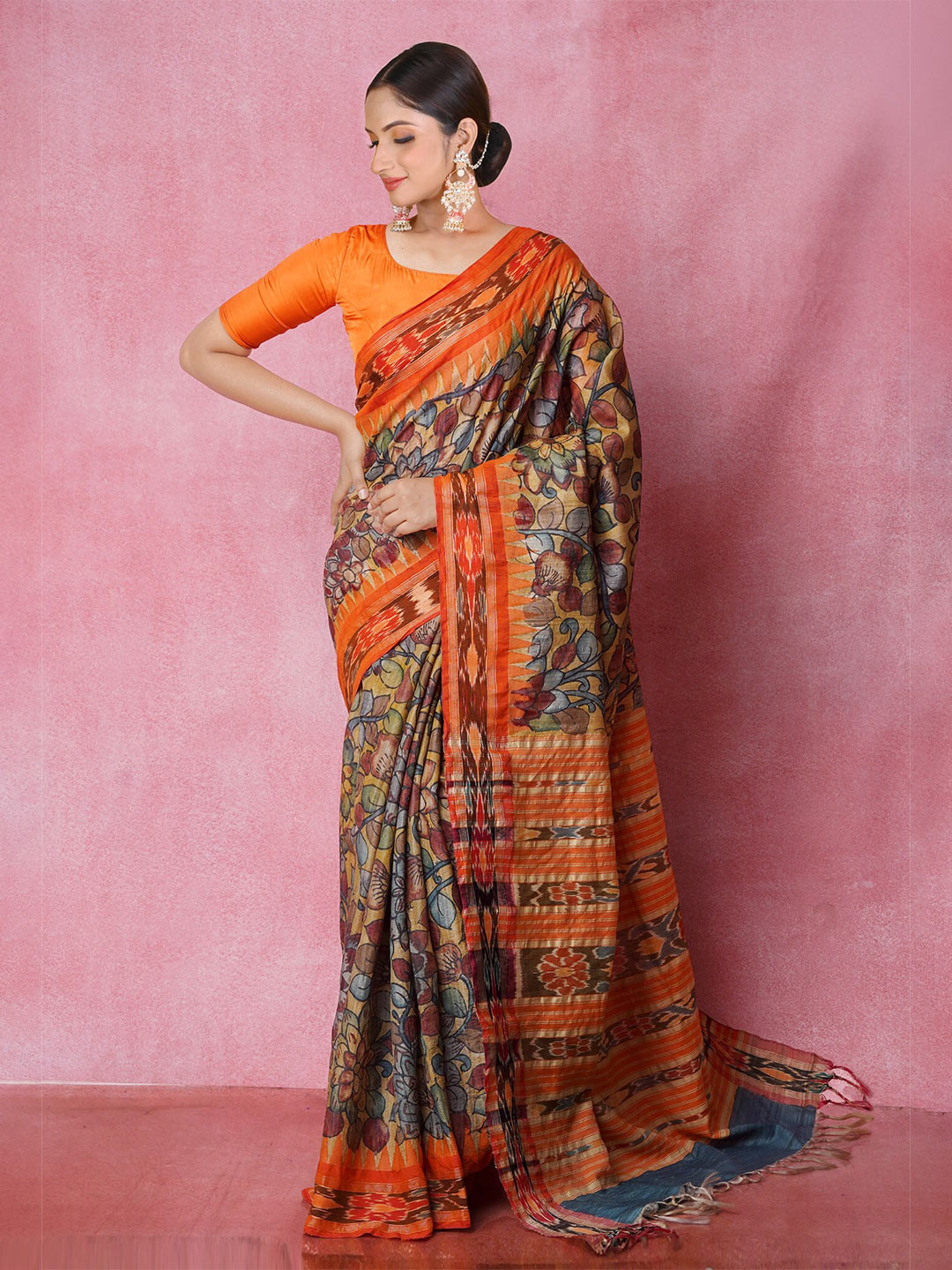 

Unnati Silks Pen Kalamkari Printed Jute Silk Handloom Tussar Saree, Yellow