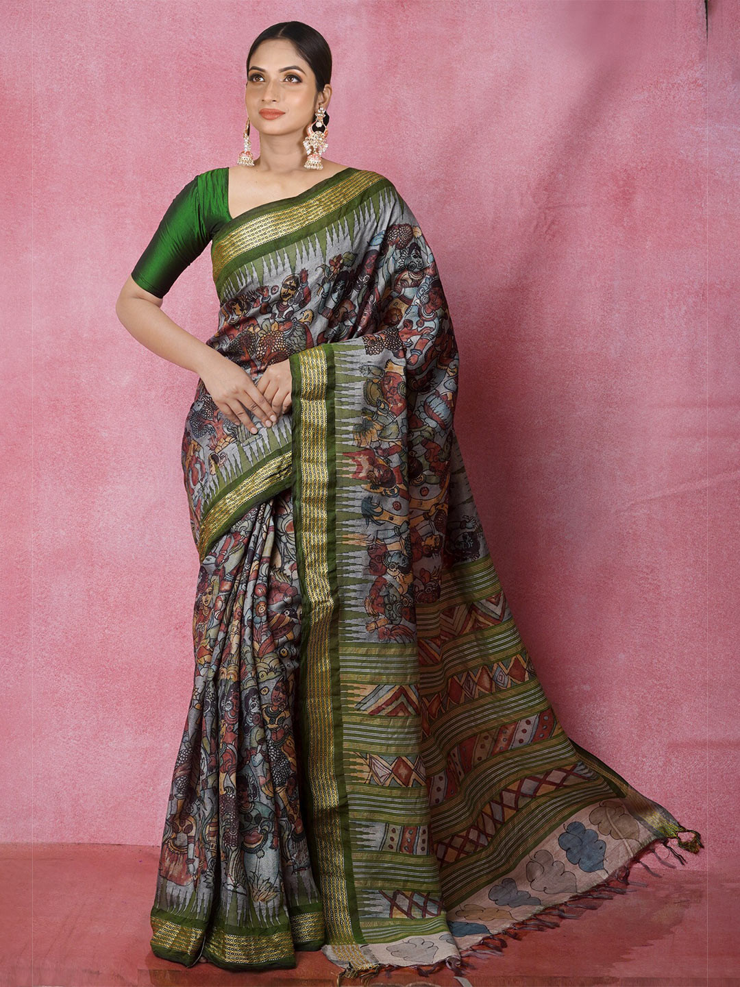 

Unnati Silks Kalamkari Jute Silk Handloom Tussar Saree, Grey