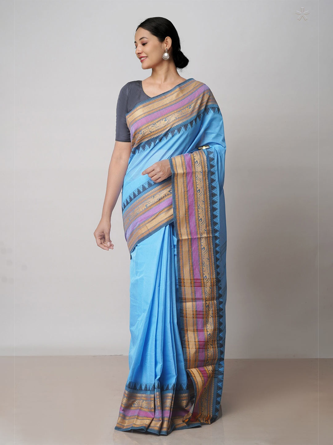 

Unnati Silks Woven Design Handloom Pure Cotton Chettinad Saree, Turquoise blue
