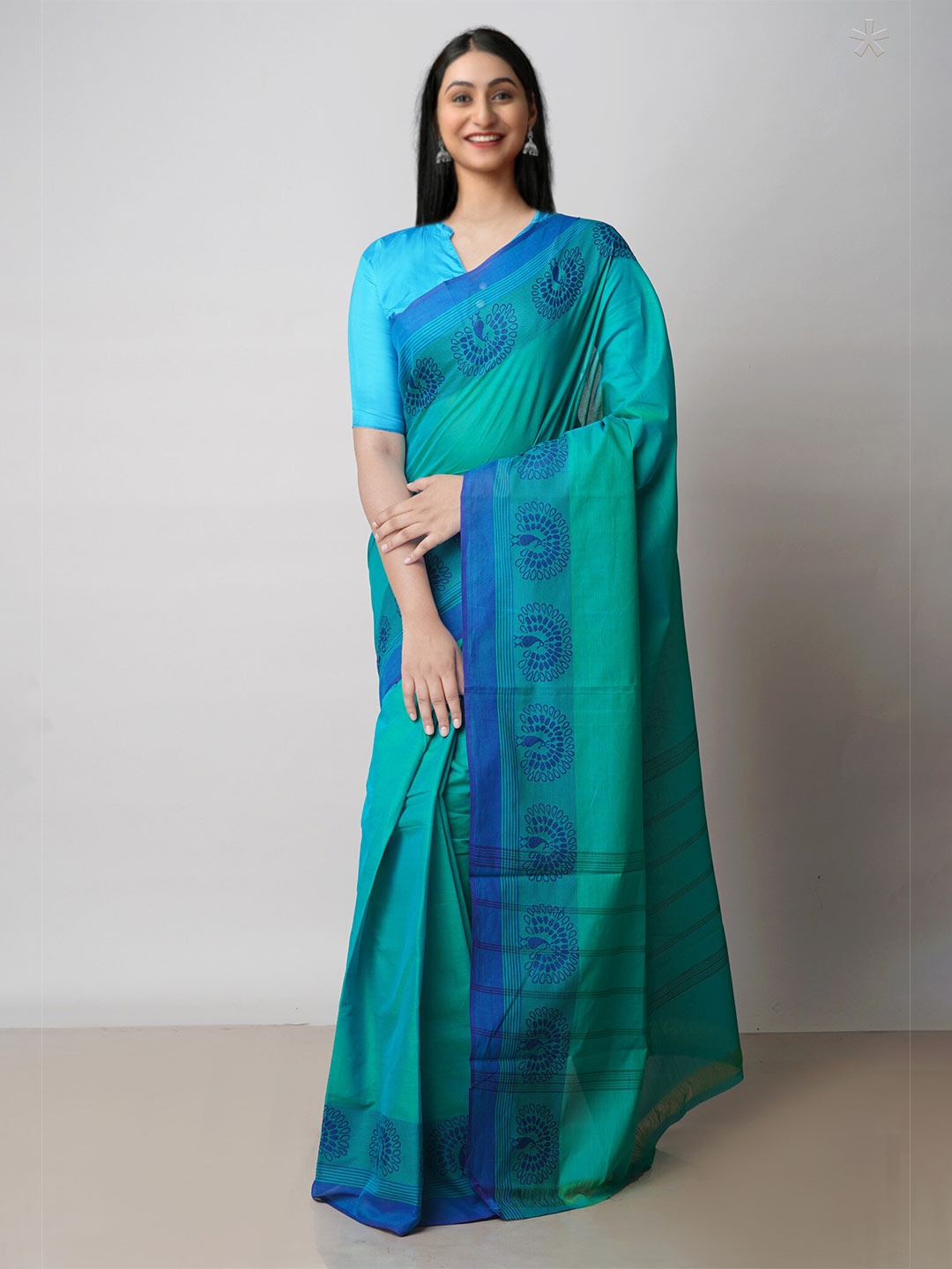 

Unnati Silks Pure Cotton Handloom Kanjeevaram Saree, Turquoise blue