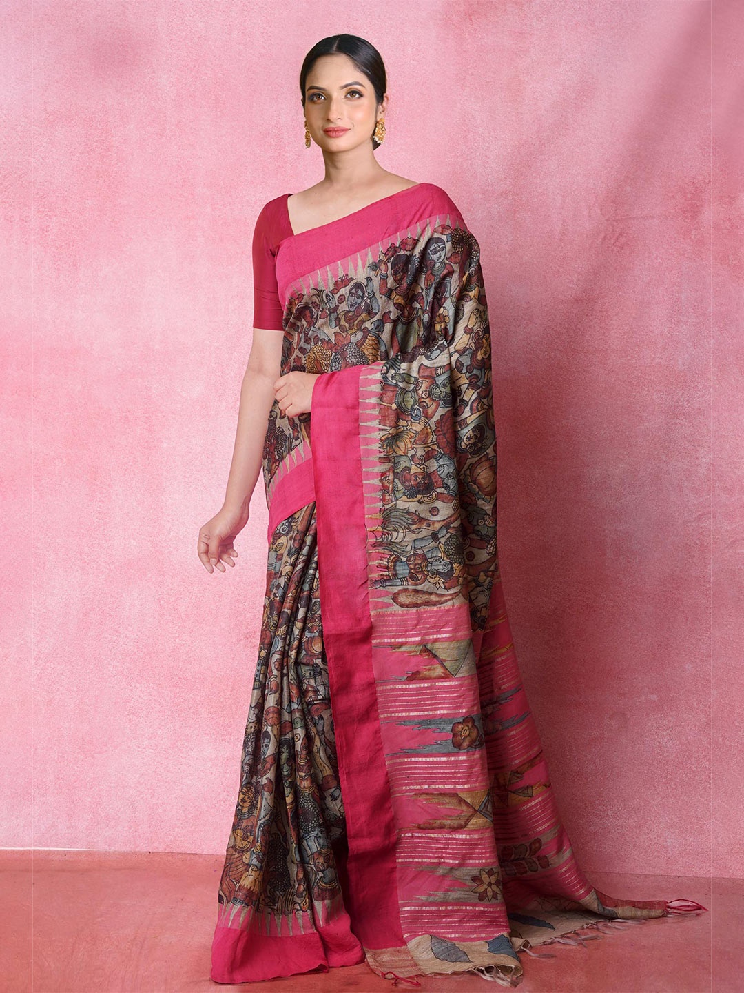 

Unnati Silks Pen Kalamkari Printed Jute Silk Handloom Tussar Saree, Pink