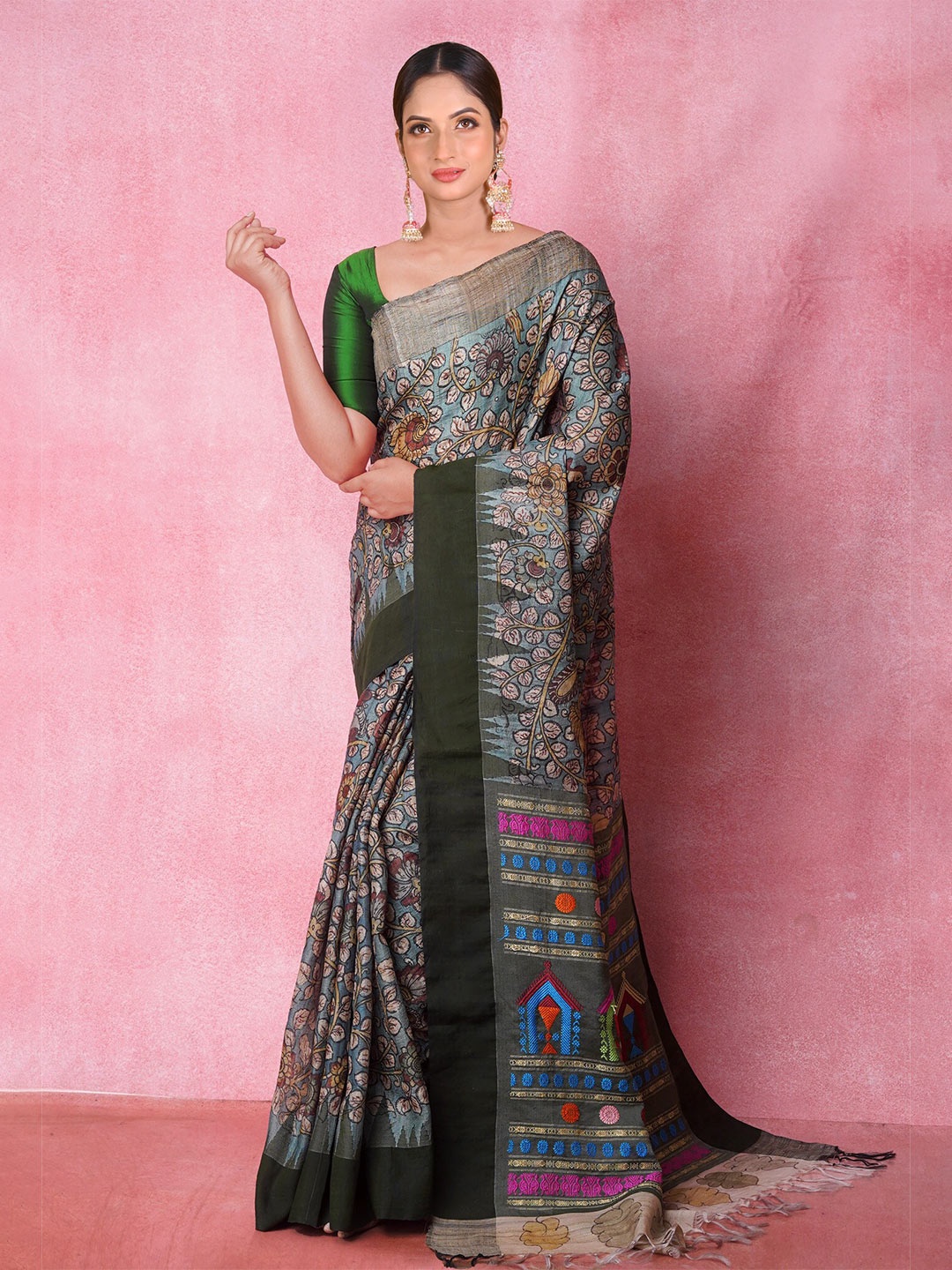 

Unnati Silks Pen Kalamkari Printed Jute Silk Handloom Tussar Saree, Blue