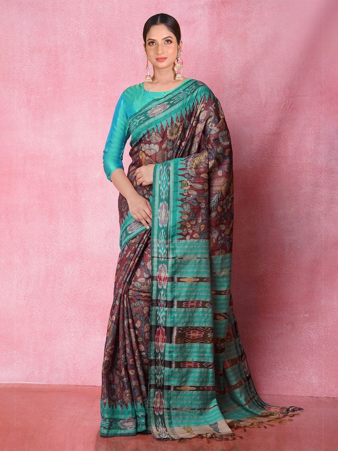 

Unnati Silks Kalamkari Painting Jute Silk Handloom Tussar Saree, Brown