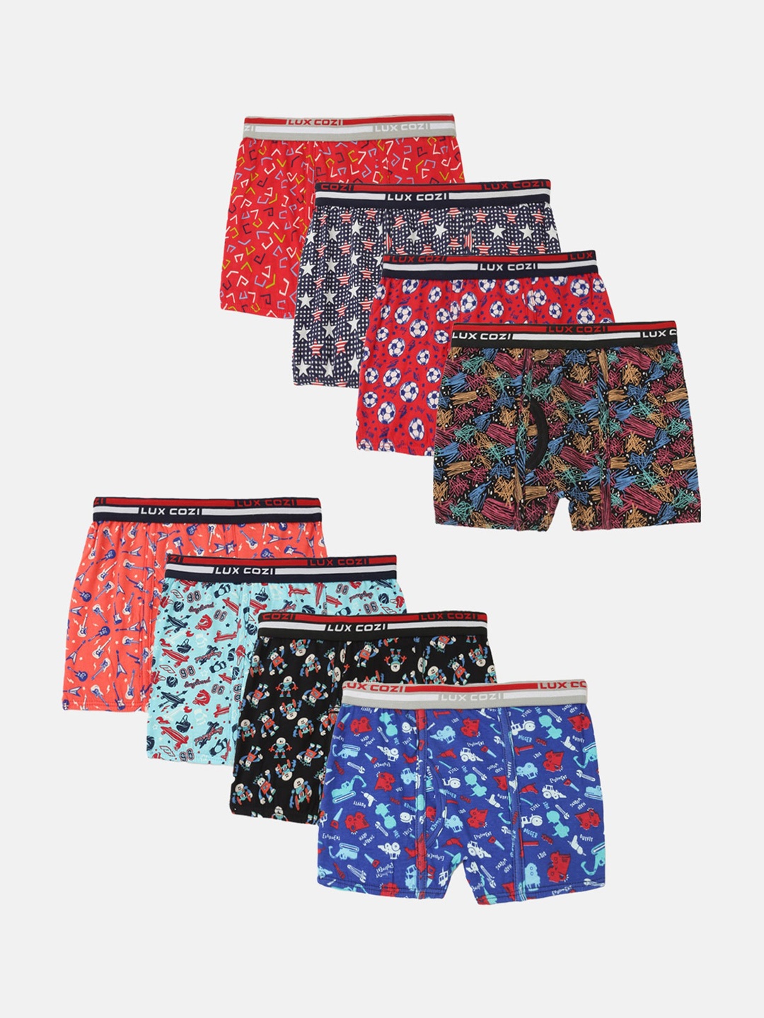 

Lux Cozi Boys Pack of 8 Assorted Printed Moisture-Wicking Trunks