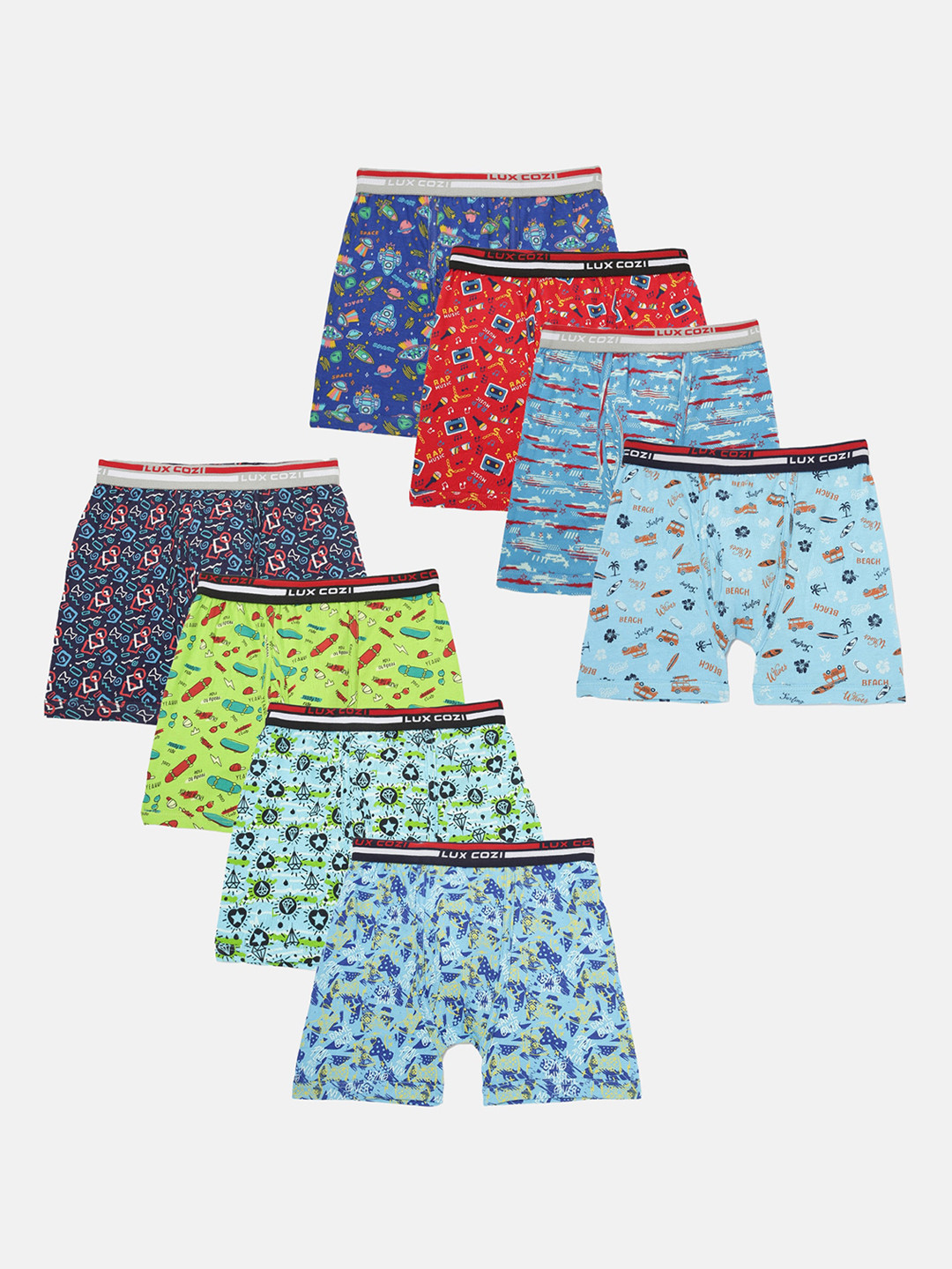 

Lux Cozi Boys Pack of 8 Assorted Printed Moisture-Wicking Trunks