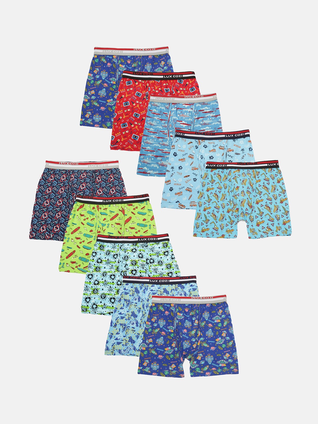 

Lux Cozi Boys Pack of 10 Assorted Printed Moisture-Wicking Trunks