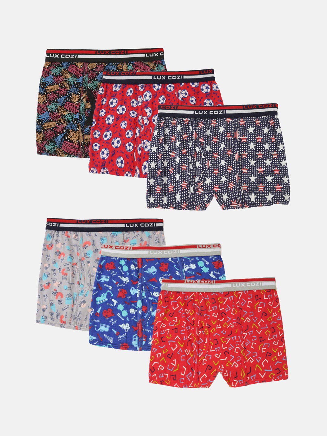 Lux Cozi Boys Pack of 6 Assorted Printed Moisture-Wicking Trunks