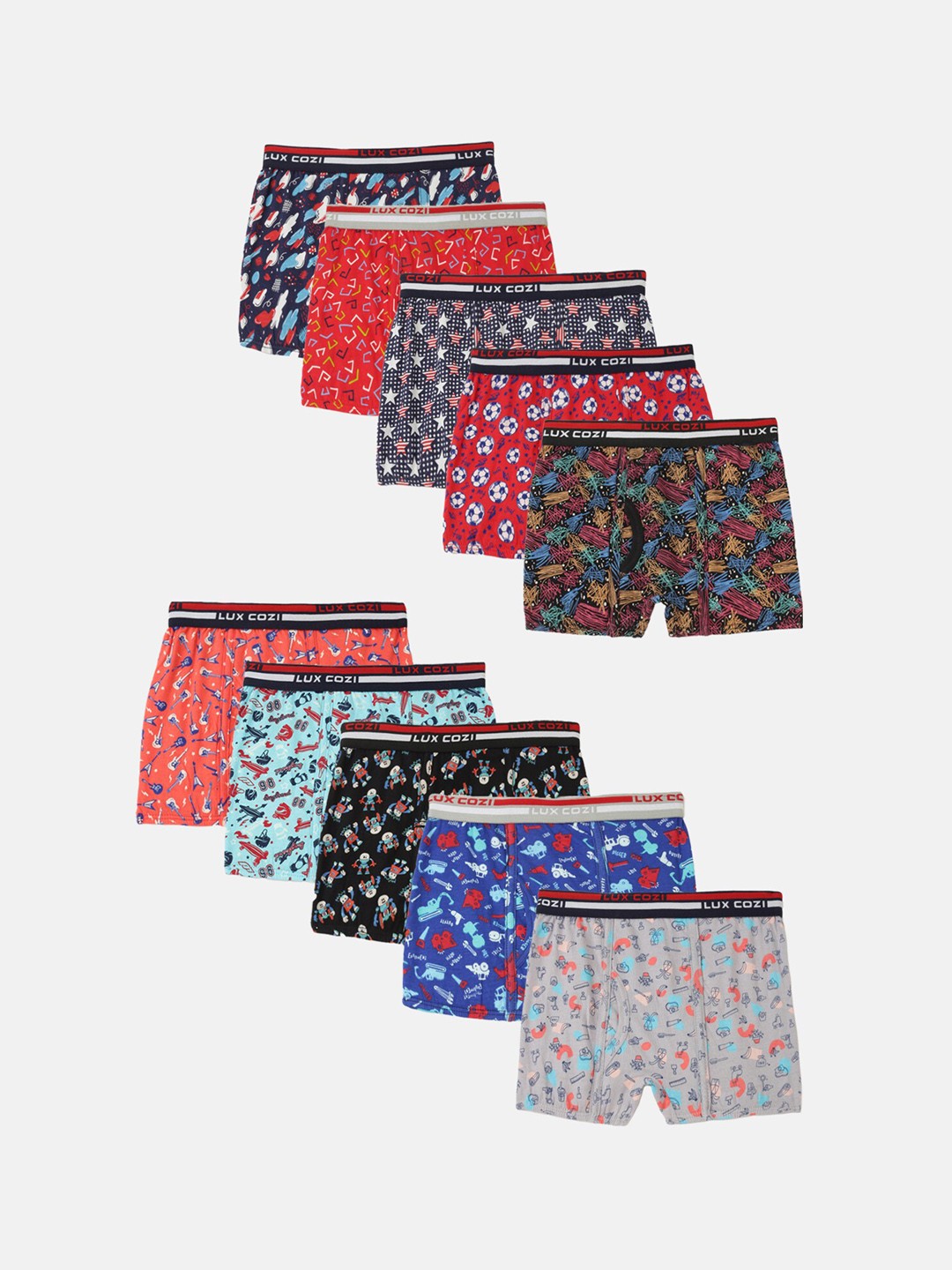 

Lux Cozi Boys Pack of 10 Assorted Printed Moisture-Wicking Trunks