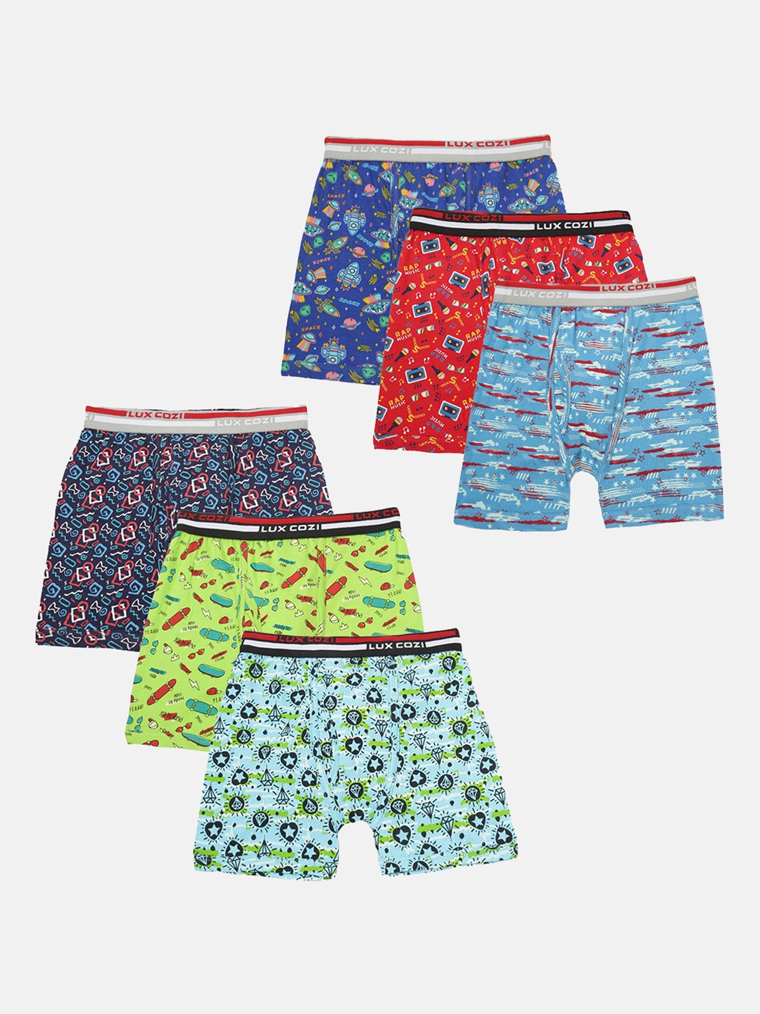 

Lux Cozi Boys Pack of 6 Assorted Printed Moisture-Wicking Trunks