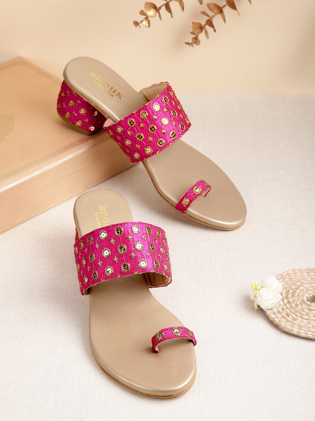 

Anouk Women Woven Design Ethnic Embellished Block Heels, Fuchsia