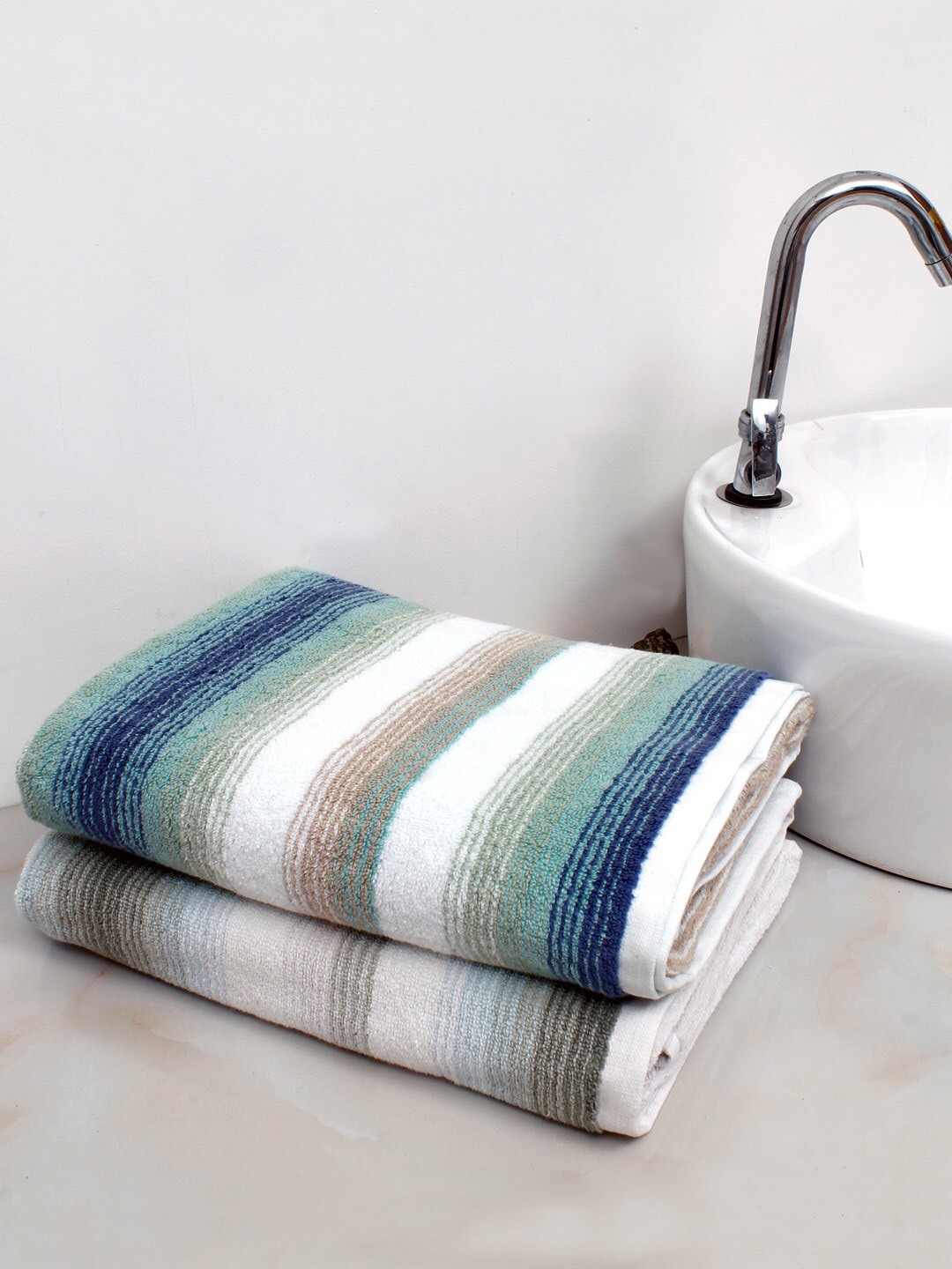 

AVI Living Green & White 2 Pieces Striped Pure Cotton 600GSM Bath Towels